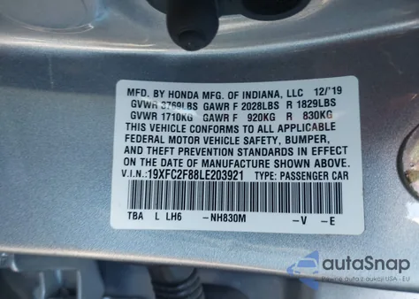 2020 Honda Civic Sport from USA, damaged, VIN 19XFC2F88LE203921